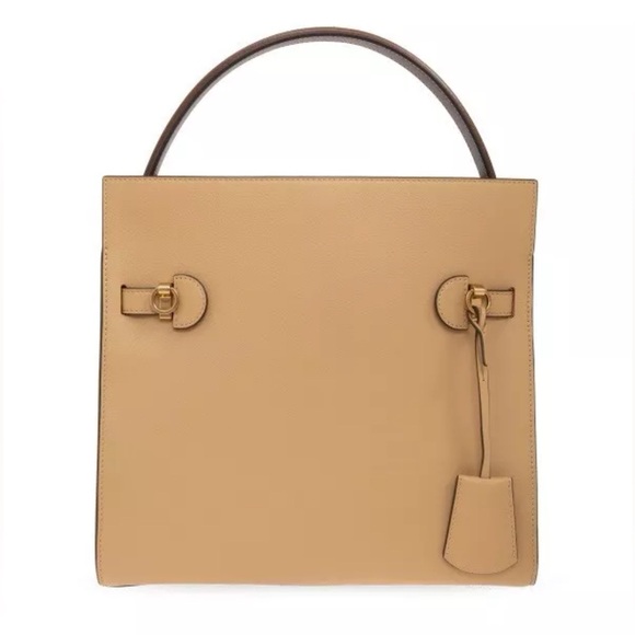 NEW Tory Burch Tan Leather Lee Radziwill Double Bag $1450 Plastic Wrap On - Picture 4 of 7